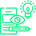 Branding strategy icon with document, eye & light bulb – creative marketing, brand identity, design agency Australia.