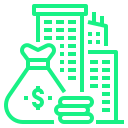 Venture capital icon with buildings & money bag – startup funding, investment firms, capital growth, Australia.