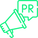 Public relations icon with megaphone and PR speech bubble - PR agency Australia, media strategy, corporate communications Sydney.